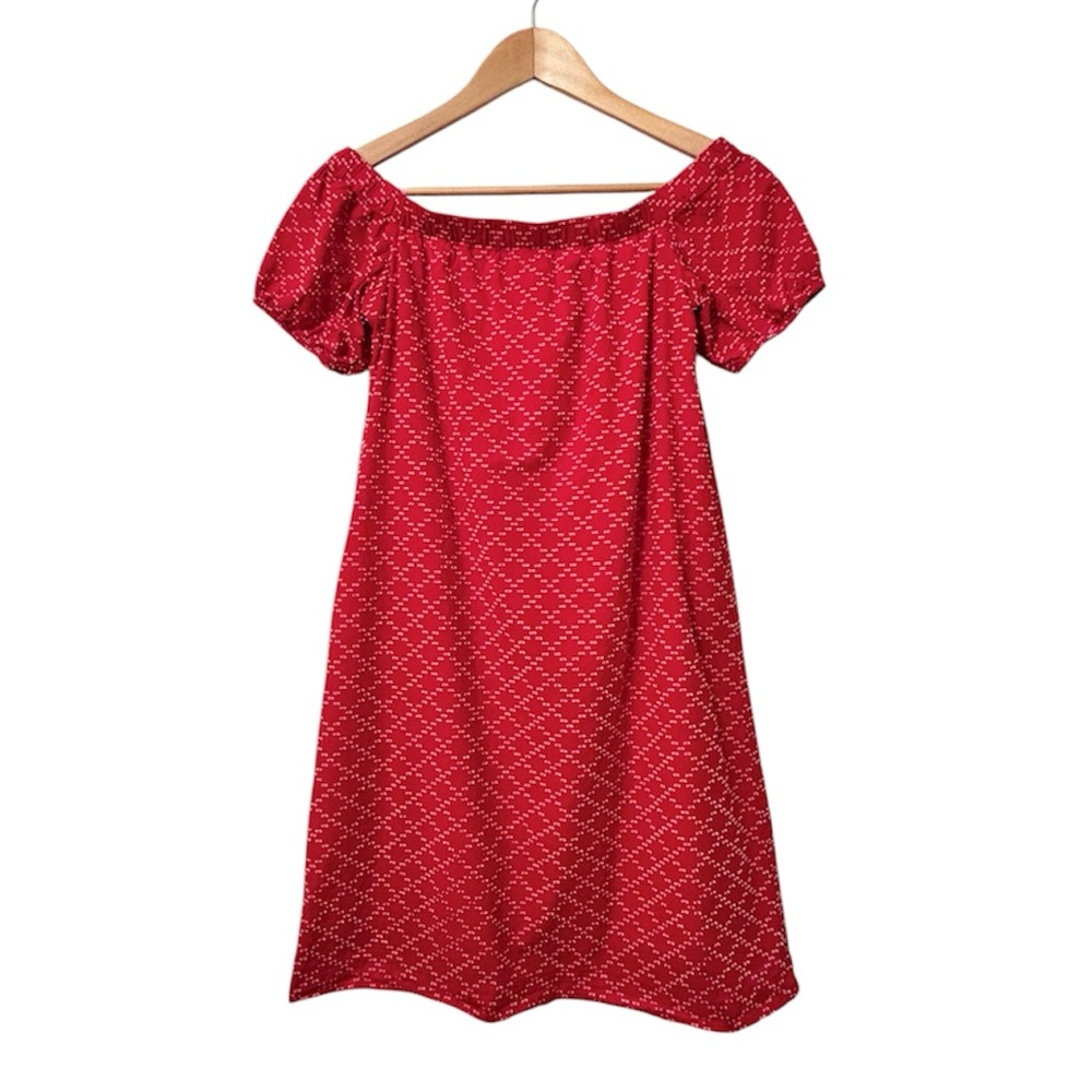 Ann Taylor Off-Shoulder Dress Sz XSP Red Cotton Swiss Dot
